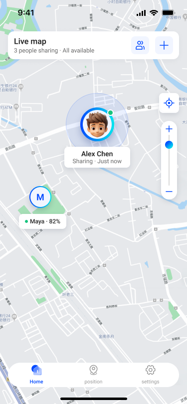 PinTogether live map showing connected people and their current status