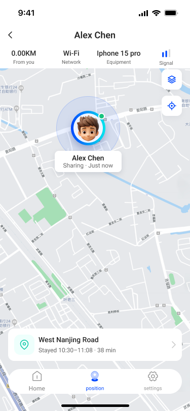 PinTogether member location screen showing network, device, signal, place, and stay duration